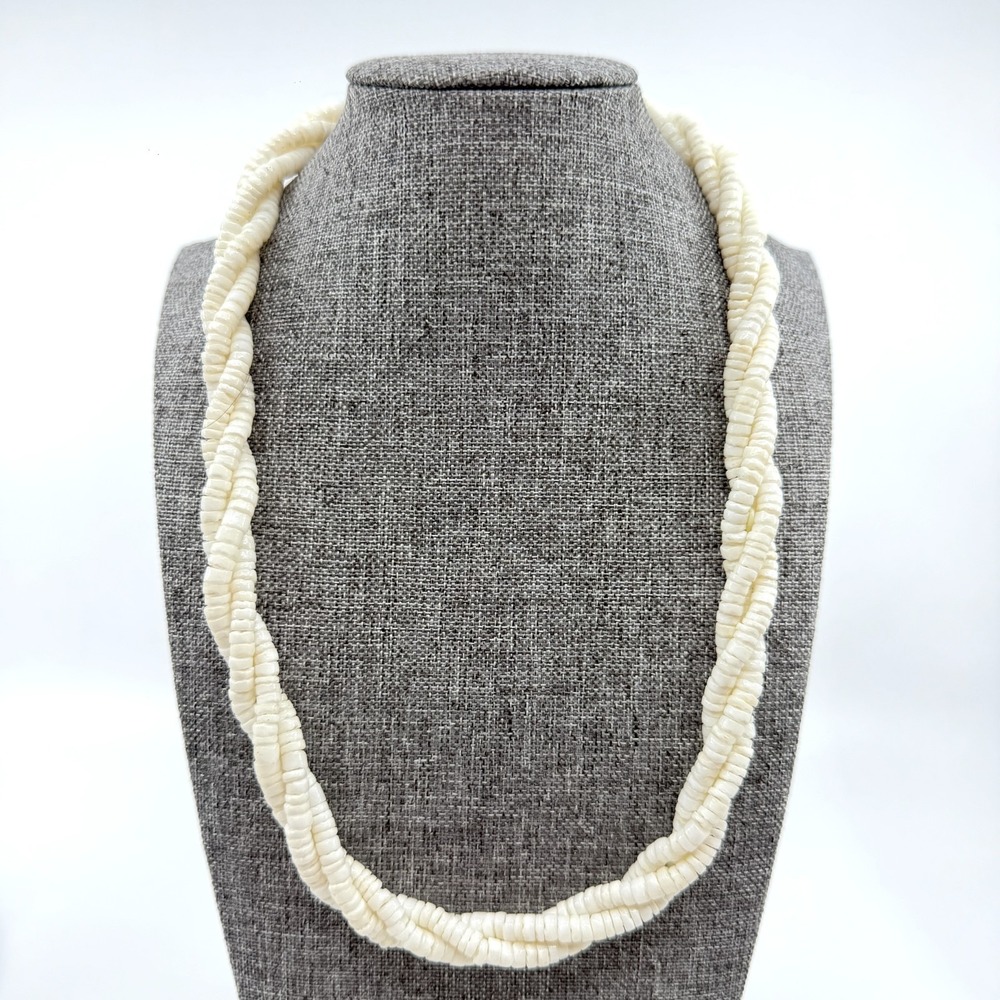 White Puka Shell Heishi Bead Necklace Triple Strand Twisted Boho Coastal Beach
